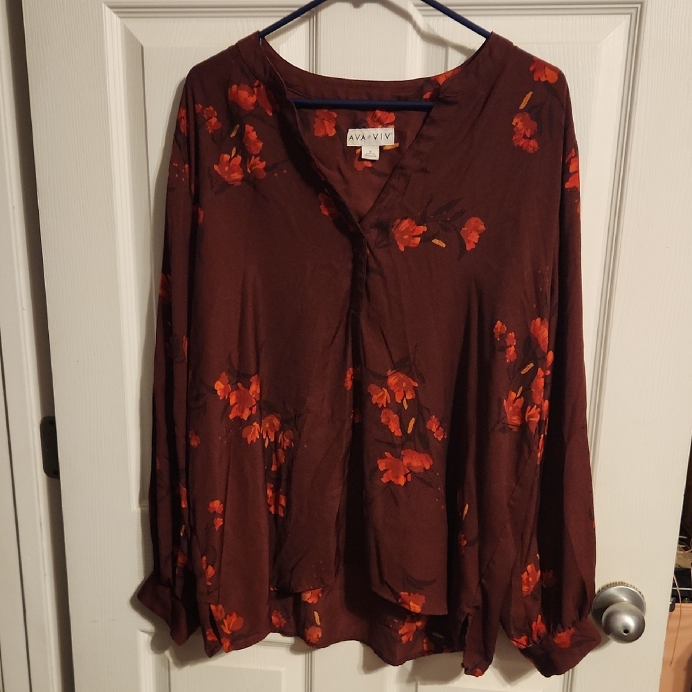 Ava & Viv Red Relaxed Blouse with Mandarin Collar